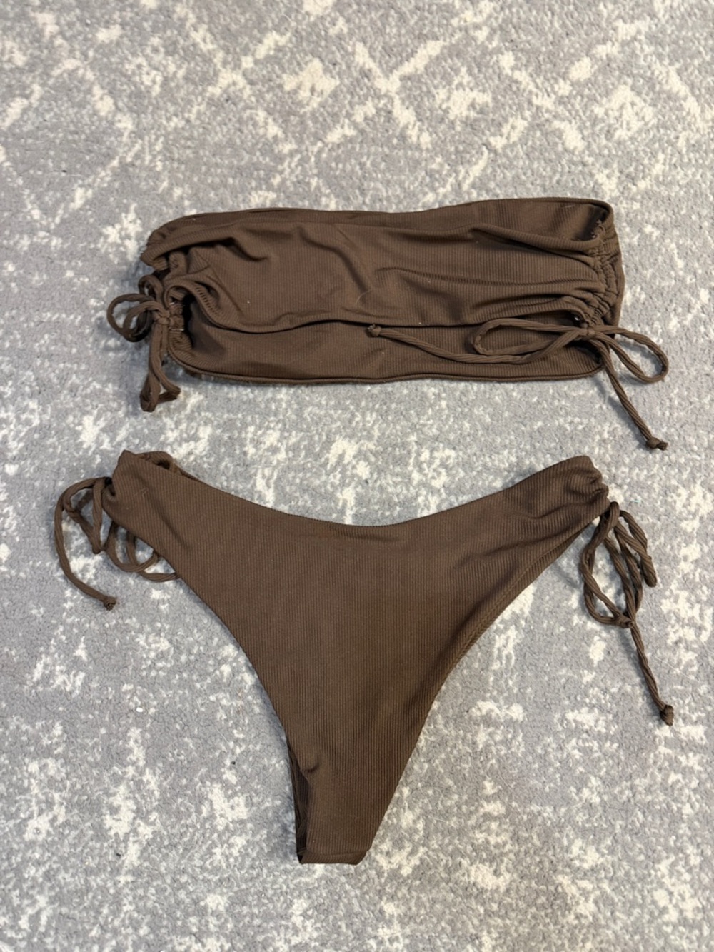 Brown Ribbed Bandeau Tie-Side Bikini Set - Picture 2 of 2